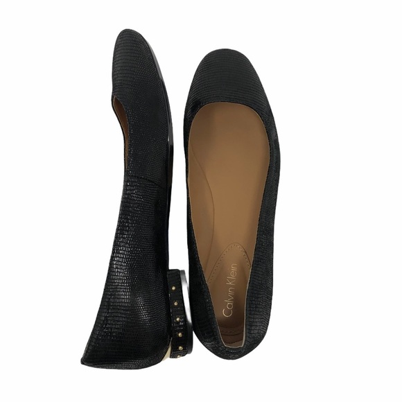 Calvin Klein Fridelle Black Embossed Flats Women’s Size 6 Gold Studded Heel Logo - Picture 5 of 10